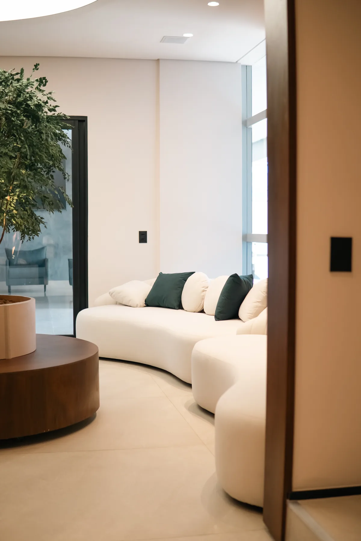 Ambiente de espera do Instituto Bonica com sofá curvo, almofada verde e árvore ornamental